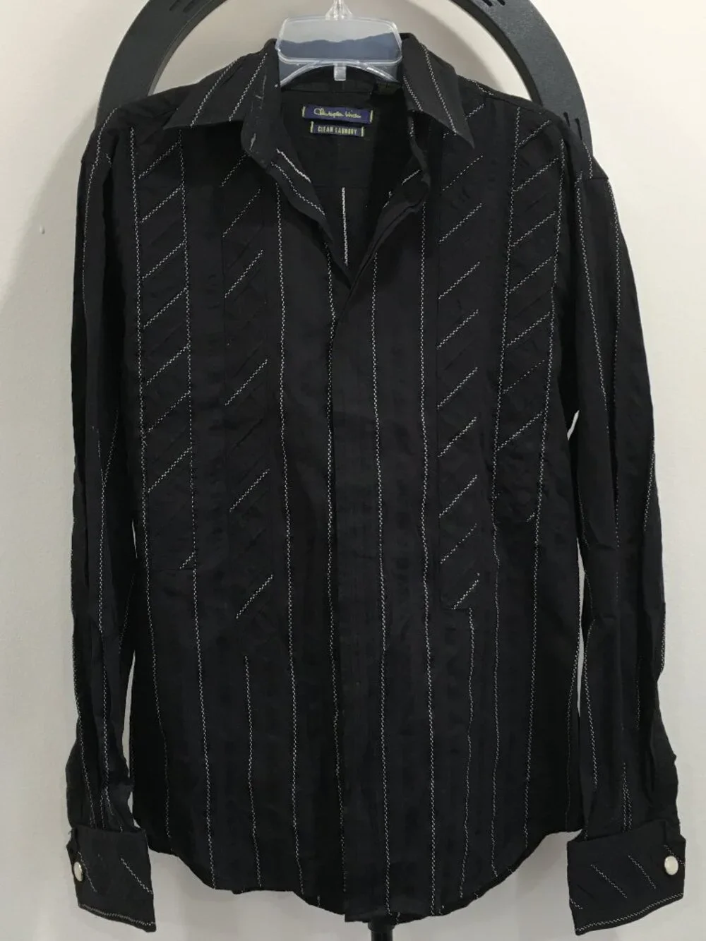 CLEAN LAUNDRY CHRISTOPHER WICKS Black Eggshell Woven Striped French Cuff Shirt